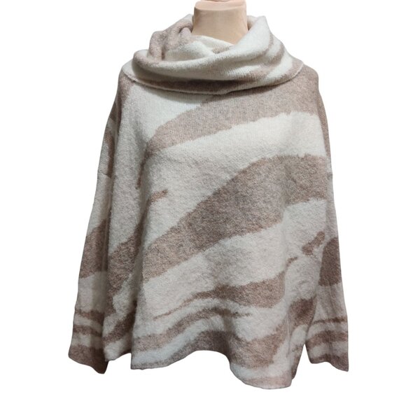 Debut XS Beige Cream Zebra Print Oversized Cowl Neck Sweater Textured Knit Cute - Picture 1 of 12